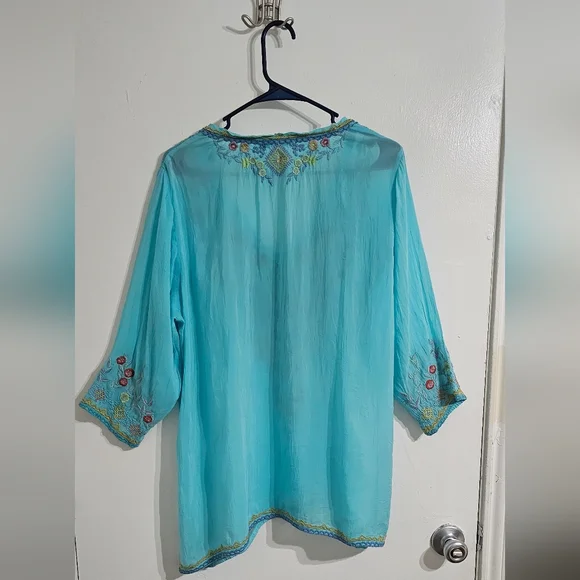 Johnny Was Vicenza Tunic Women's L Bright Turquoise Embroidered Boho Hippie Chic - Picture 7 of 10
